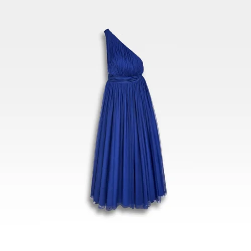 Robe longue asymétrique en tulle bleu électrique